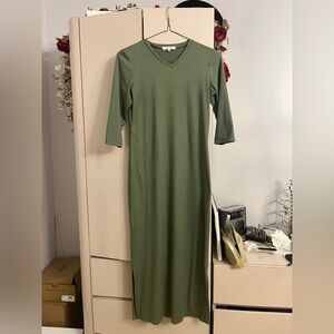 V-Neck Olive Green Ribbed Maxi Dress